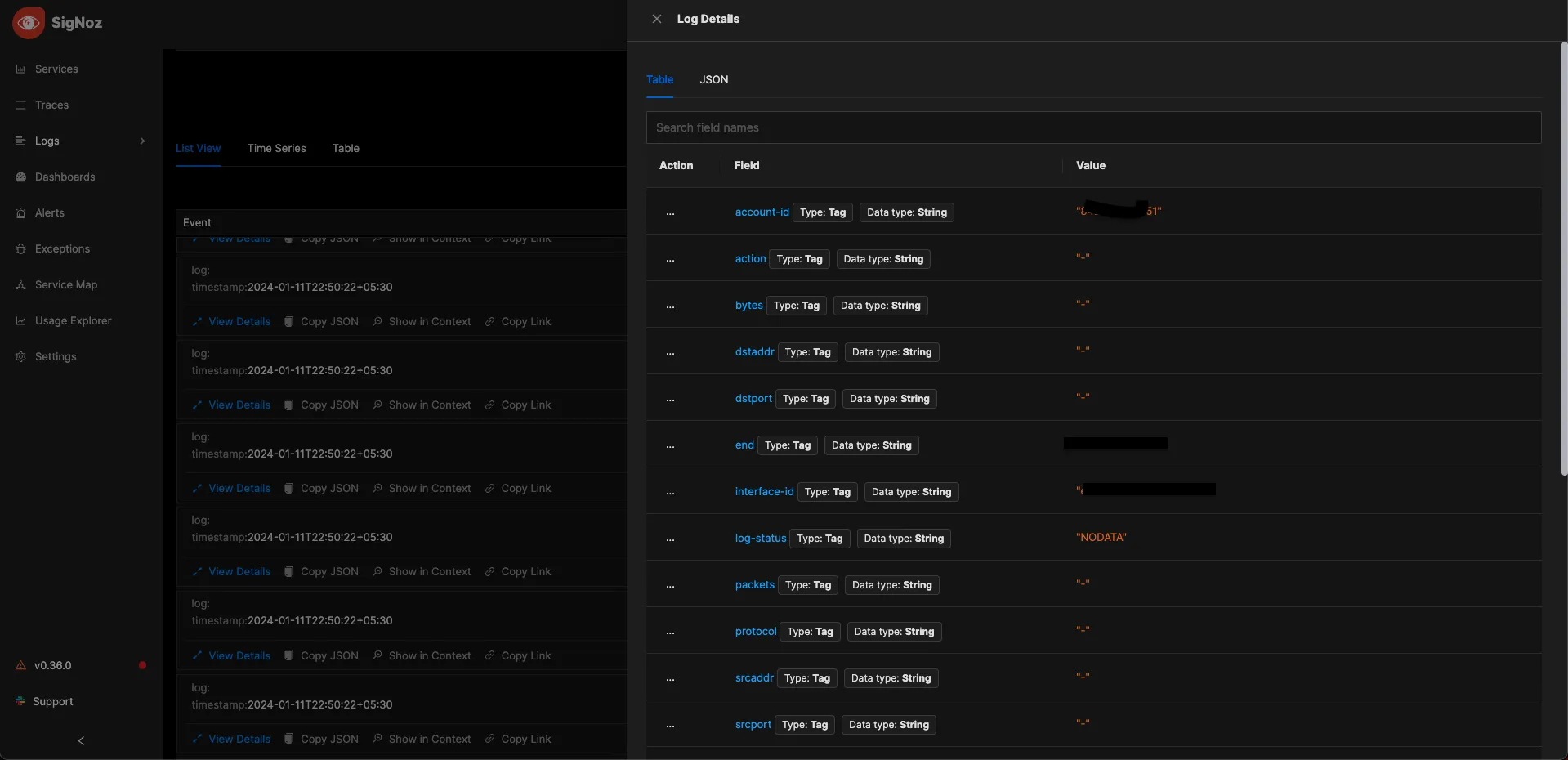 A sample log line of the logs sent from AWS Lambda