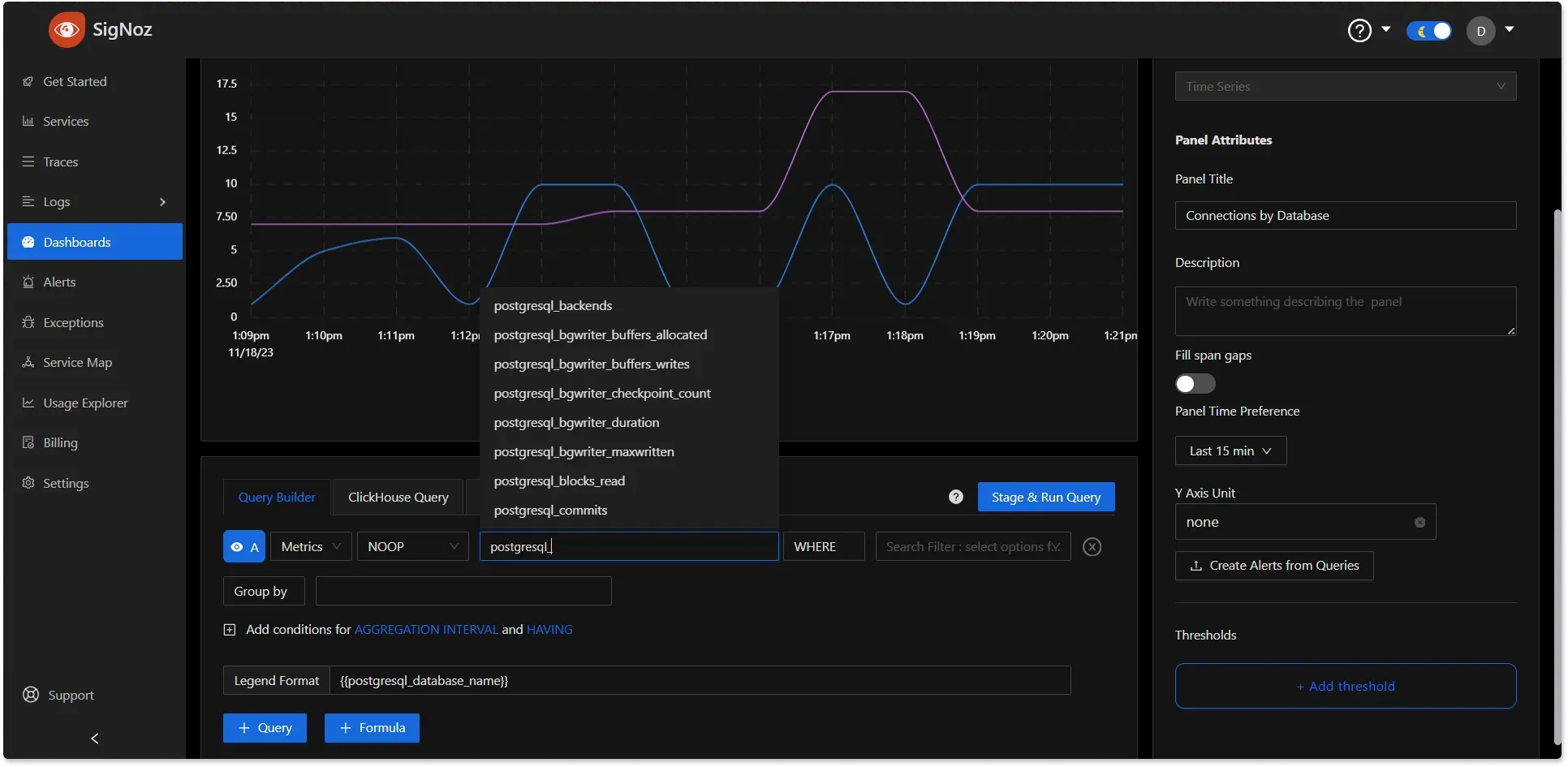 SigNoz Panel PostgreSQL Metrics to add on Dashboard